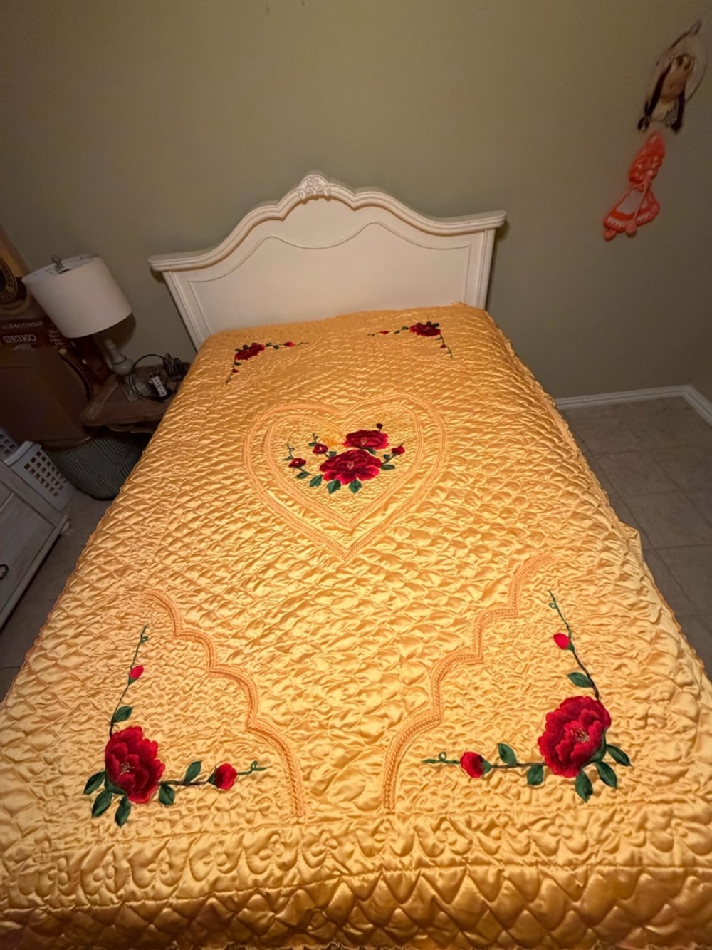 Full size, hand stitch Vintage Yellow Quilted Bedspread with Red Rose Embroidery